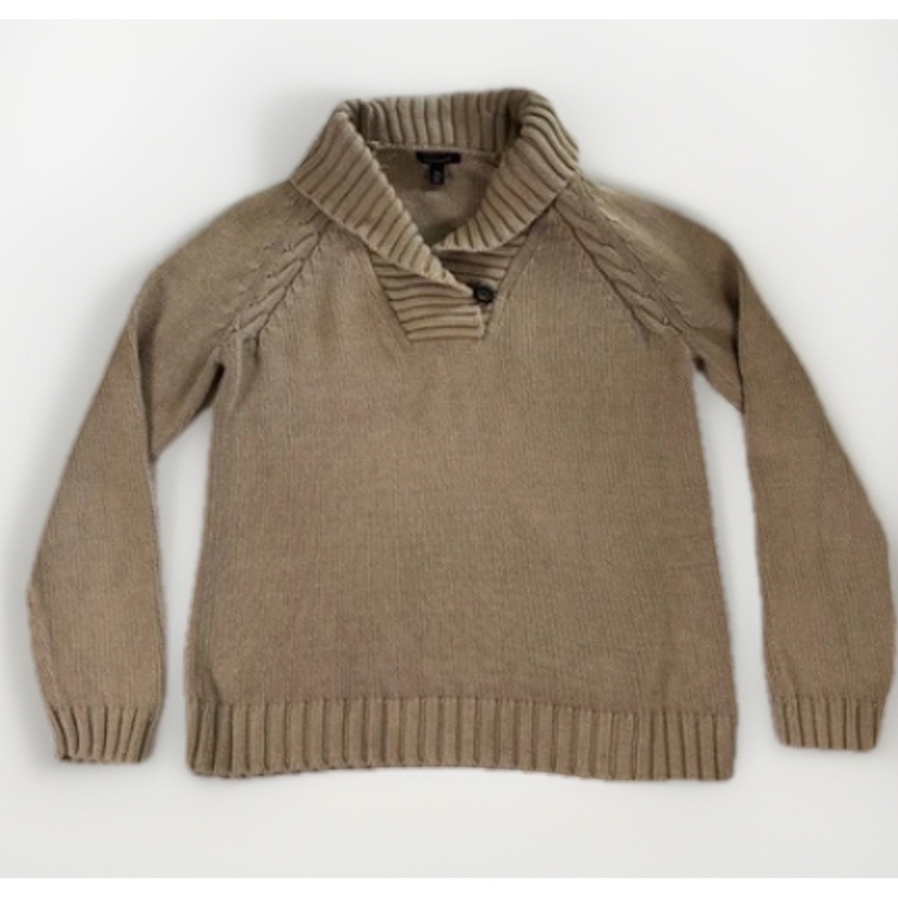 Lands End Shawl Collar Sweater Boys XL 18-20 Tan Shaker Knit Pullover Preppy